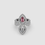 Guru Jewel's Pear Shaped Red Ruby And Fancy Diamond Studded Devastating Silver Ring For Her