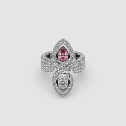 Guru Jewel's Pear Shaped Red Ruby And Fancy Diamond Studded Devastating Silver Ring For Her