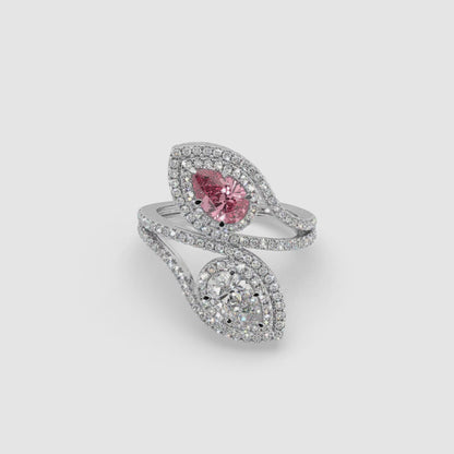 Guru Jewel's Pear Shaped Red Ruby And Fancy Diamond Studded Silver Ring For Her