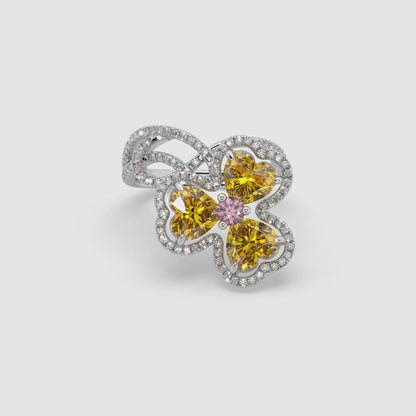 Guru Jewel's Yellow Sapphire And Round Diamond Studded Silver Ring For Her