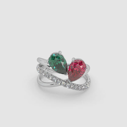 Guru Jewel's Red And Green Stone With Diamond Studded Silver Ring For Her