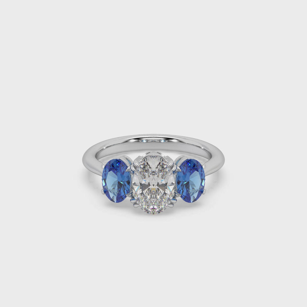 Unique Three Oval Cut 925 Silver Stone And Fancy Diamond Studded Ladies Ring For Her