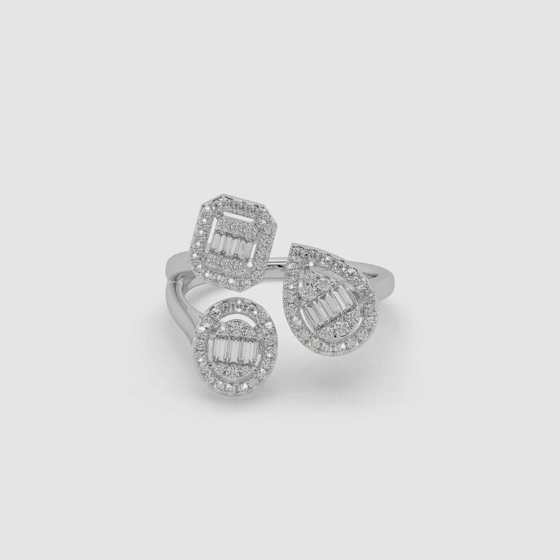 Guru Jewel's Round And Bugget Diamond Studded Multi Shaped Silver Ring For Her