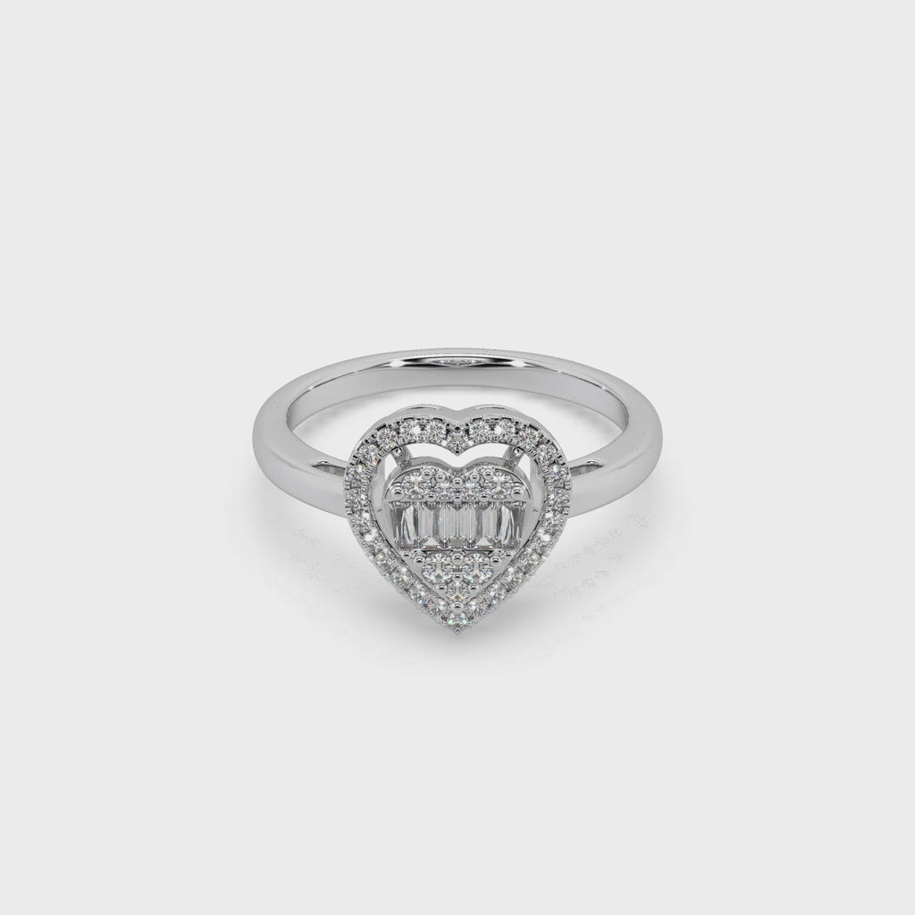 Heart Shape Buguette And Round Cut Diamond 925 Silver Ladies Ring For Her