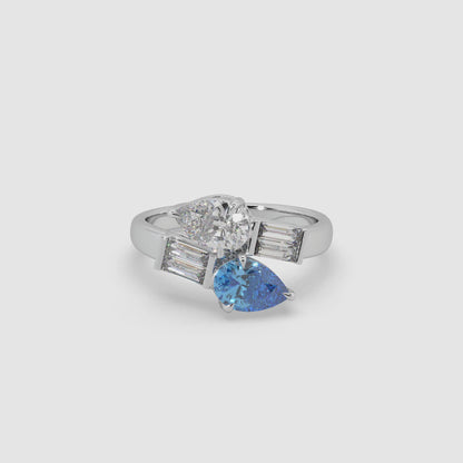 Guru Jewel's Blue Sapphire And Fancy Diamond Bugget Studded Silver Ring For Her