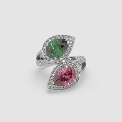Guru Jewel's Green Emerald Red Ruby And Diamond Studded Silver Ring For Her