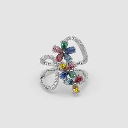 Guru Jewel's Multi Color Stone And Diamond Studded Silver Ring For Her