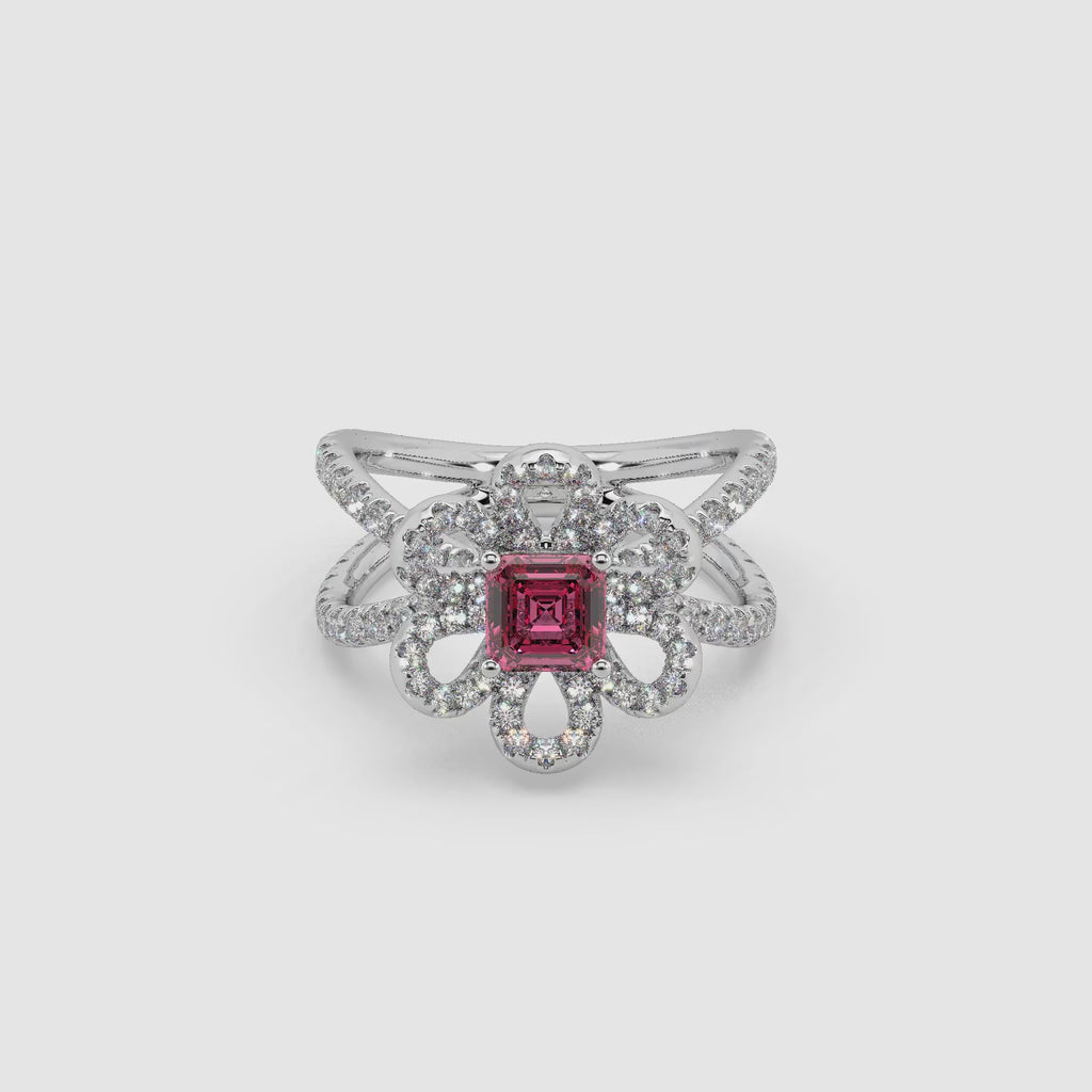 Guru Jewel's Red Stone And Diamond Studded Silver Ring For Her