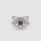 Guru Jewel's Red Stone And Diamond Studded Silver Ring For Her