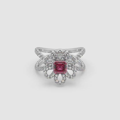 Guru Jewel's Red Stone And Diamond Studded Silver Ring For Her
