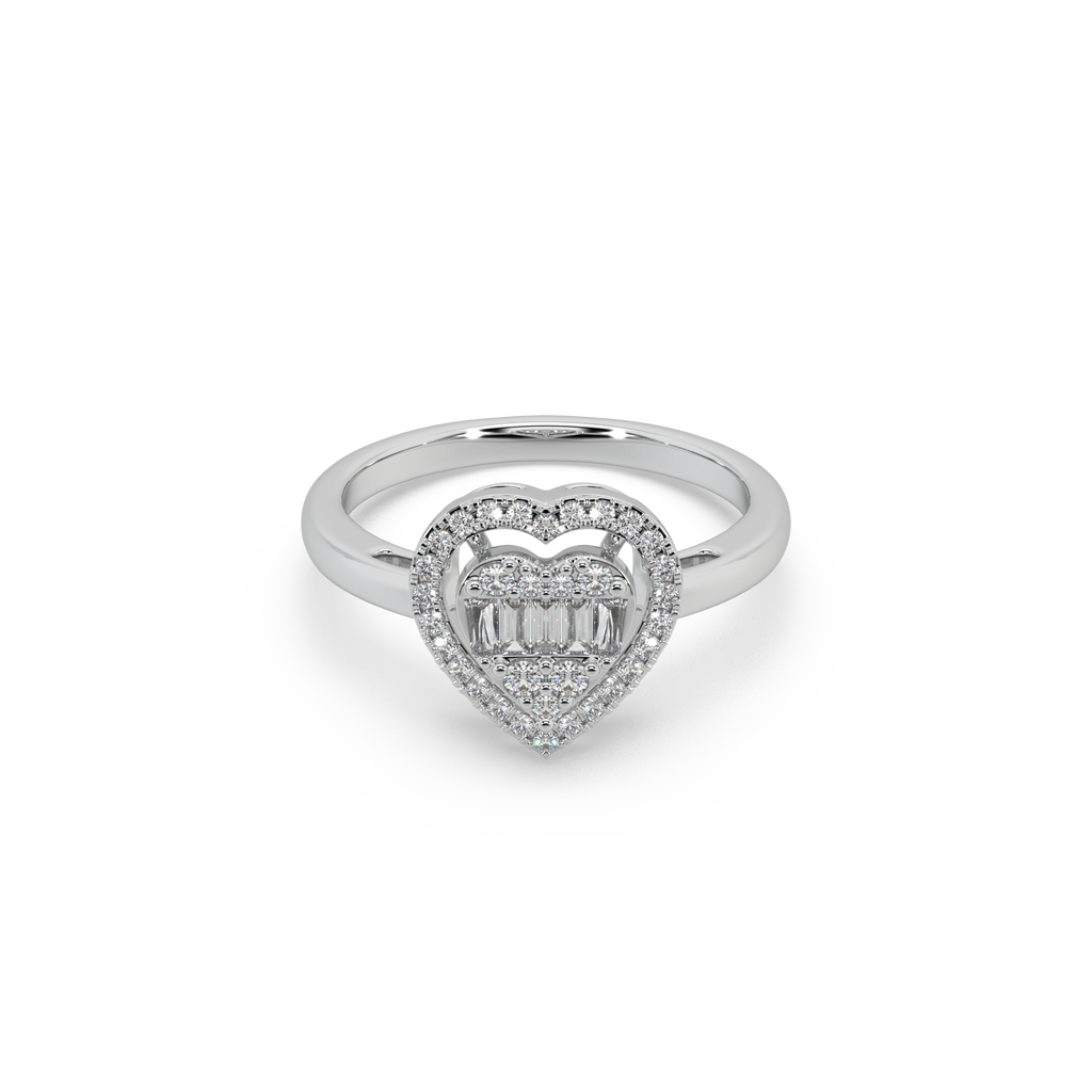 Heart Shape Buguette And Round Cut Diamond 925 Silver Ladies Ring For Her