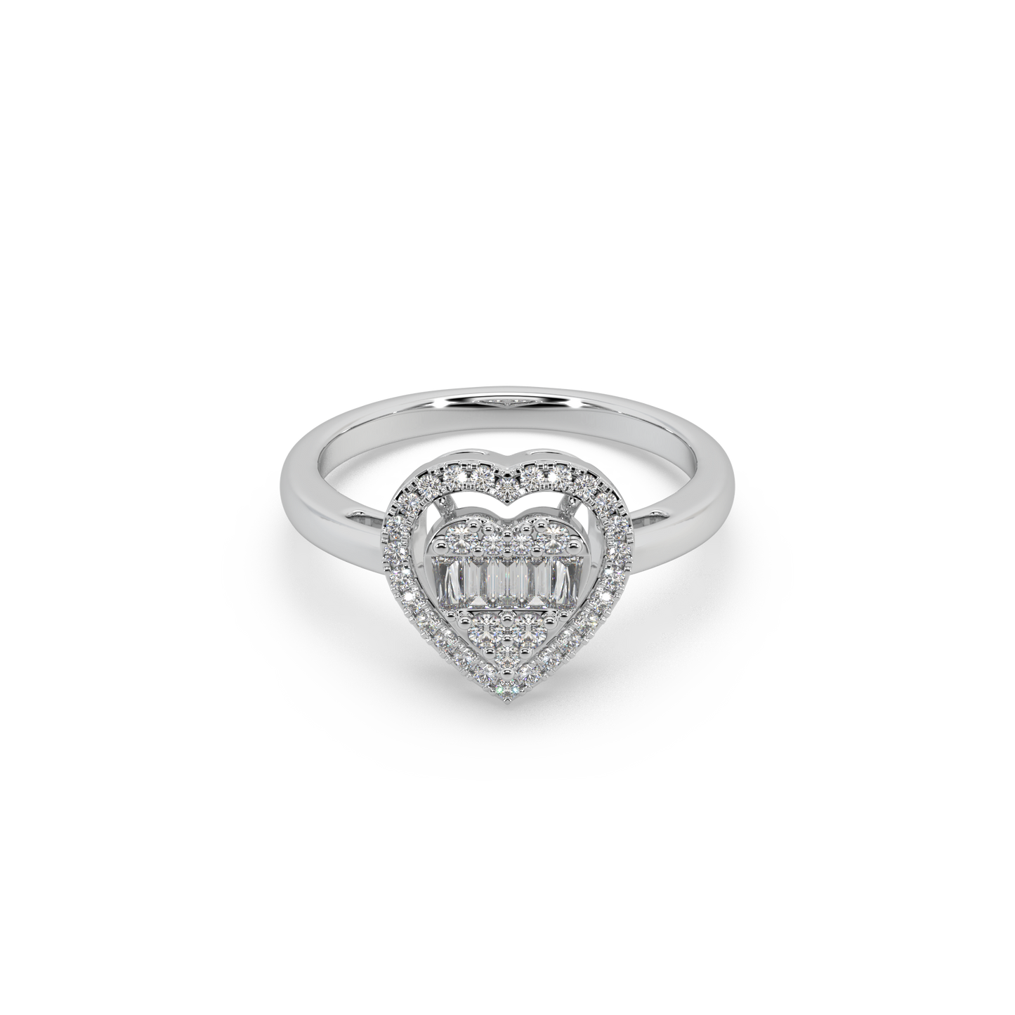 Heart Shape Buguette And Round Cut Diamond 925 Silver Ladies Ring For Her