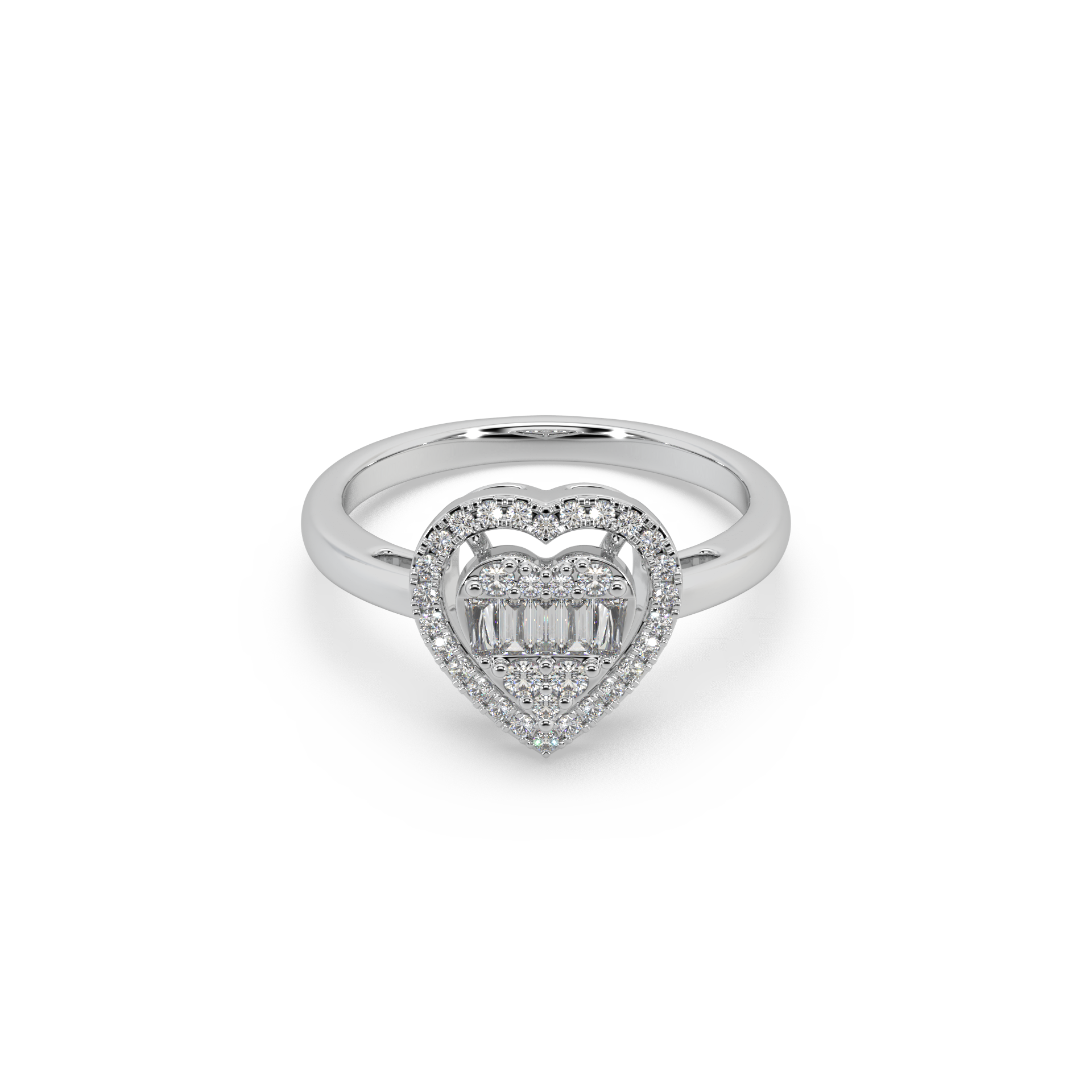 Heart Shape Buguette And Round Cut Diamond 925 Silver Ladies Ring For Her