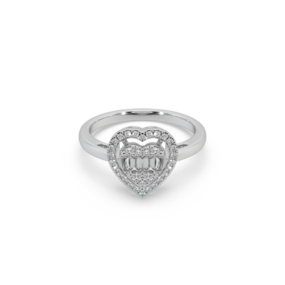 Heart Shape Buguette And Round Cut Diamond 925 Silver Ladies Ring For Her