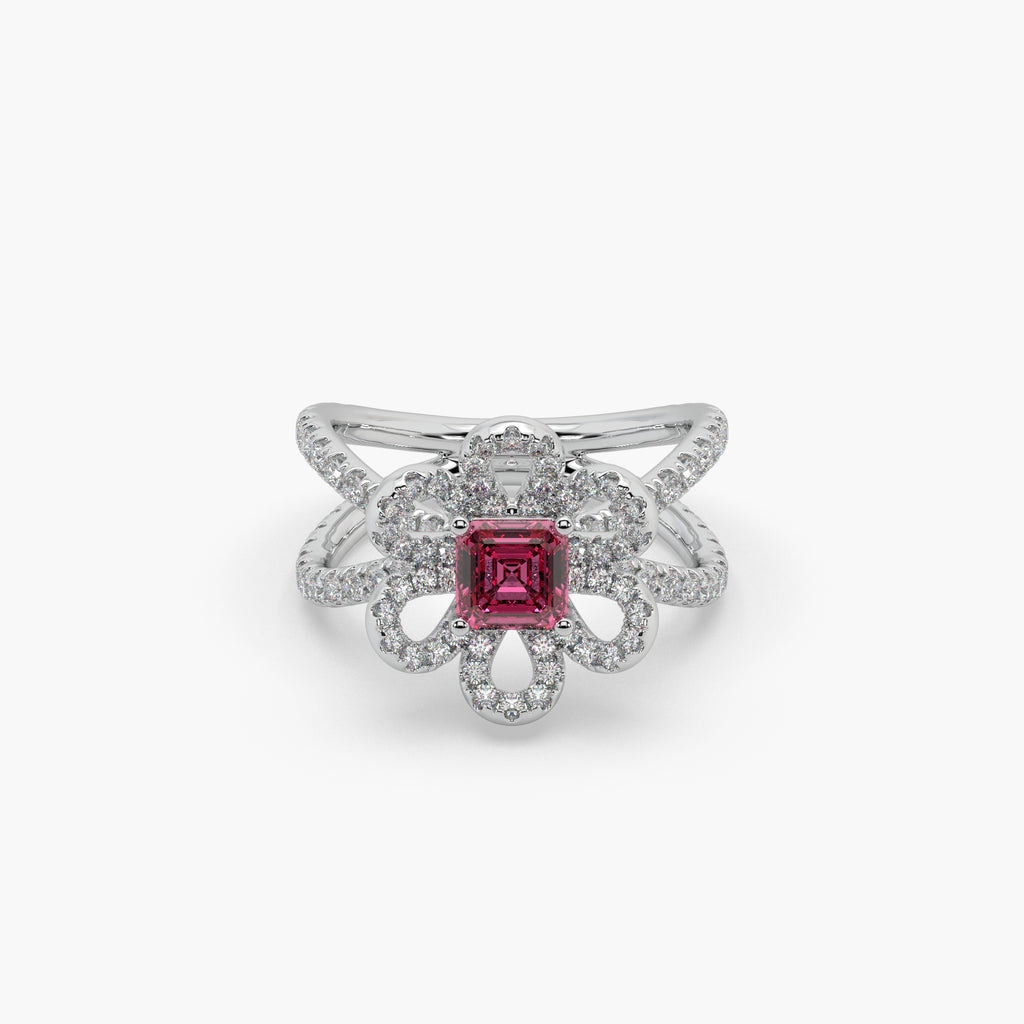 Guru Jewel's Red Stone And Diamond Studded Silver Ring For Her