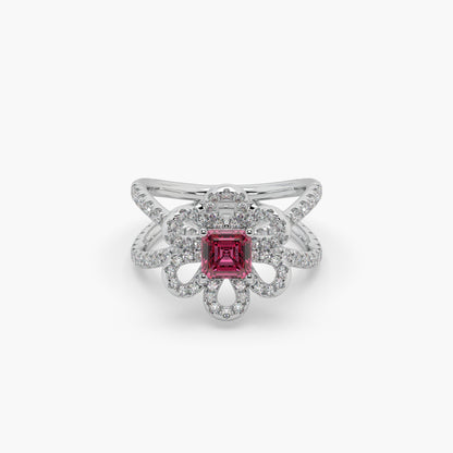 Guru Jewel's Red Stone And Diamond Studded Silver Ring For Her
